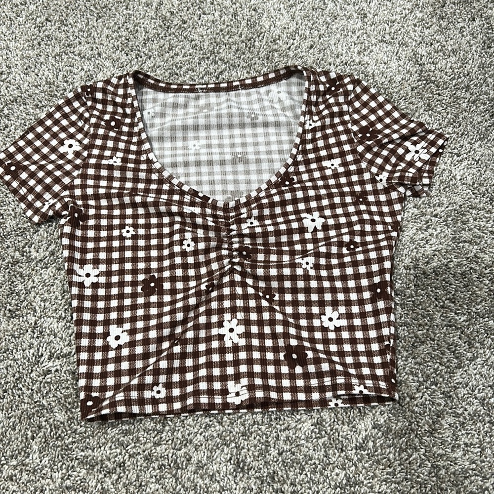 Brown and white checkered with flowers, low neck, cropped, tight